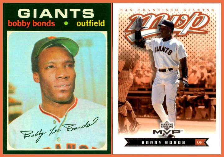 Baseball cards of SF Giants stars Bobby Bonds and son Barry Bonds
