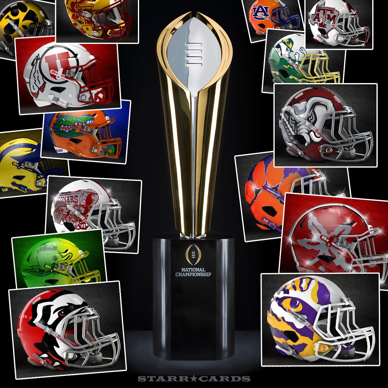 College Football Playoff rankings illustrated with alternate football helmet designs
