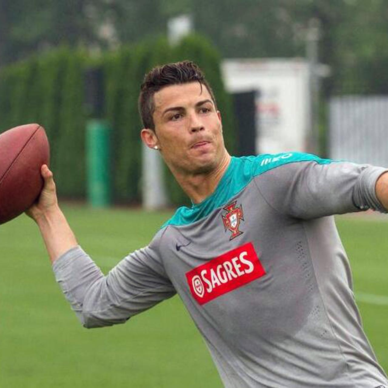 Cristiano Ronaldo tries his hand at American football.