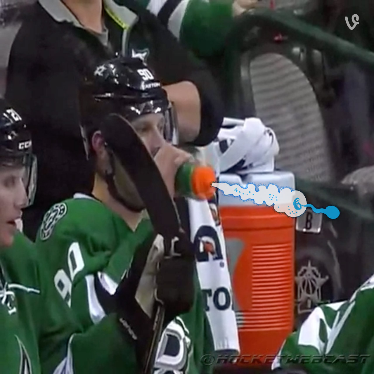 Dallas stars center Jason Spezza tries wrong end of water bottle