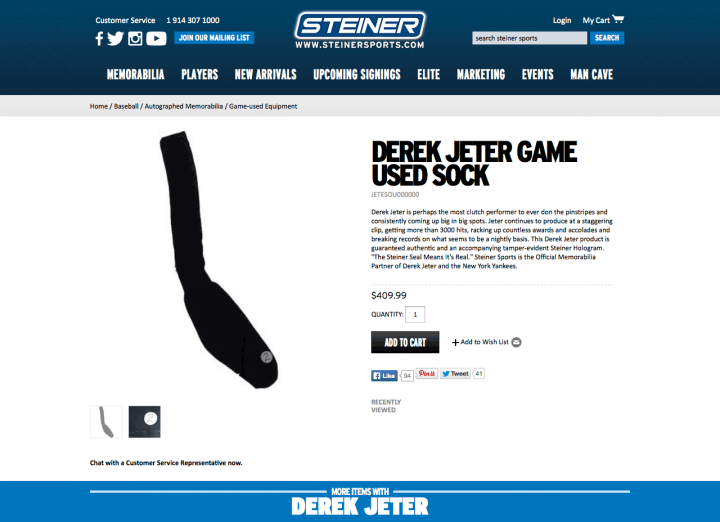 Derek Jeter game-used sock for four hundred dollars