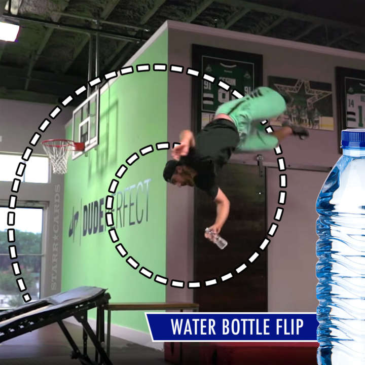 Dude Perfect's Tyler Toney performs water bottle flip trick