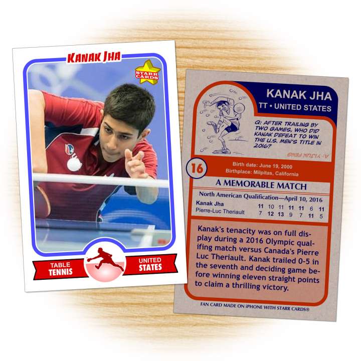Fan card of American table tennis Olympian Kanak Jha