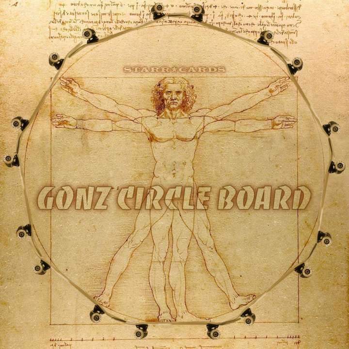 Mark Gonzales' circle board a la Leonardo da Vinci's "Vitruvian Man"