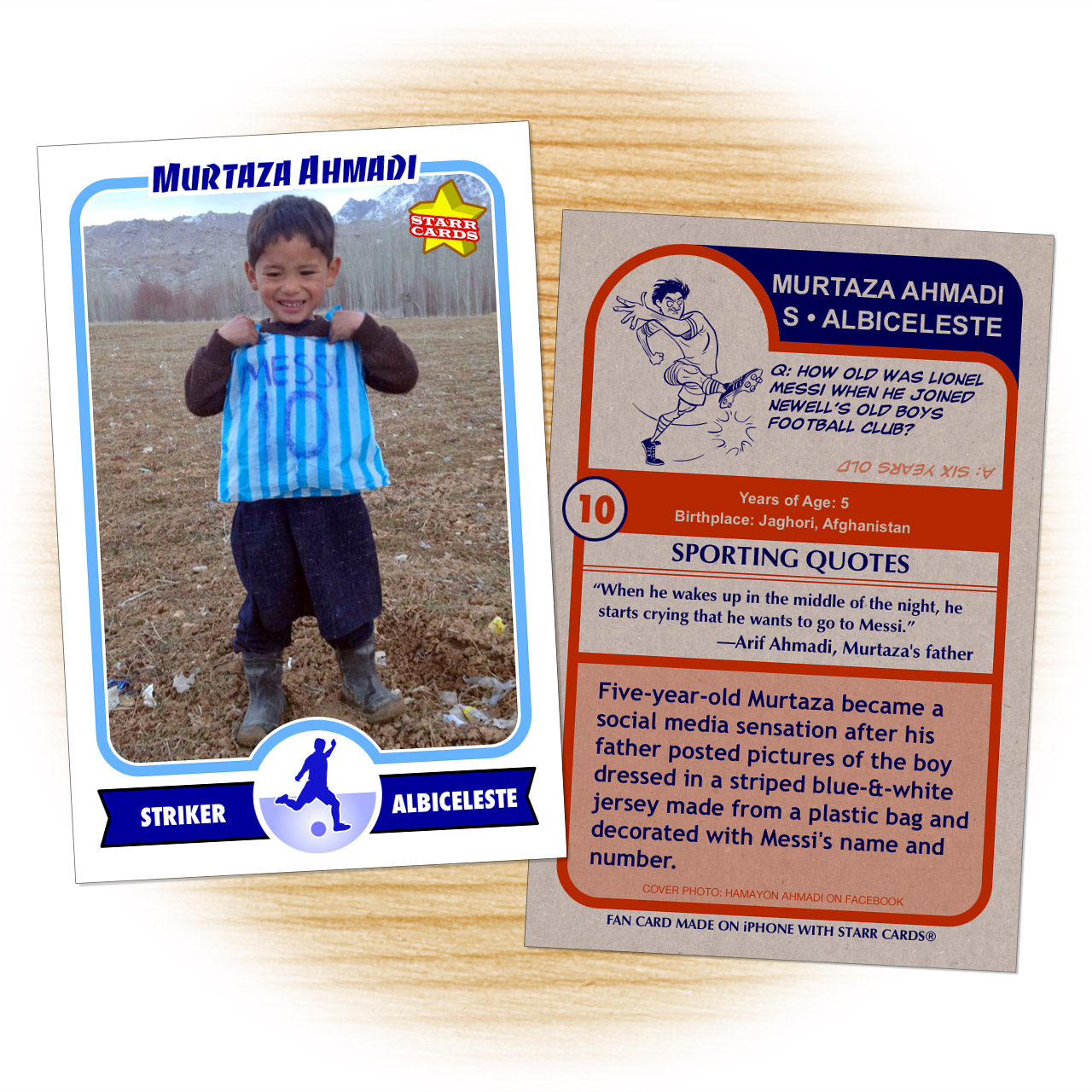 Murtaza Ahmadi fan card with Lionel Messi plastic-bag jersey
