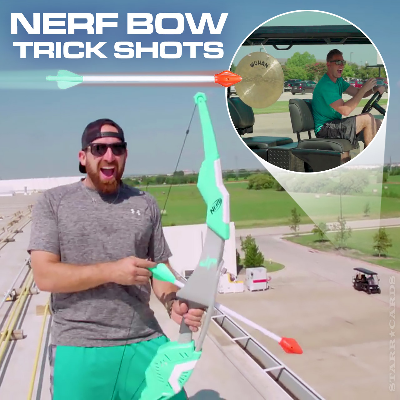 Dude Perfect's Tyler Toney a gong with arrow fired Nerf bow