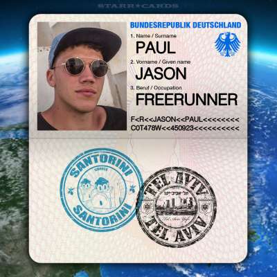 Passport from Santorini, Greece to Tel Aviv, Israel for German freerunner Jason Paul