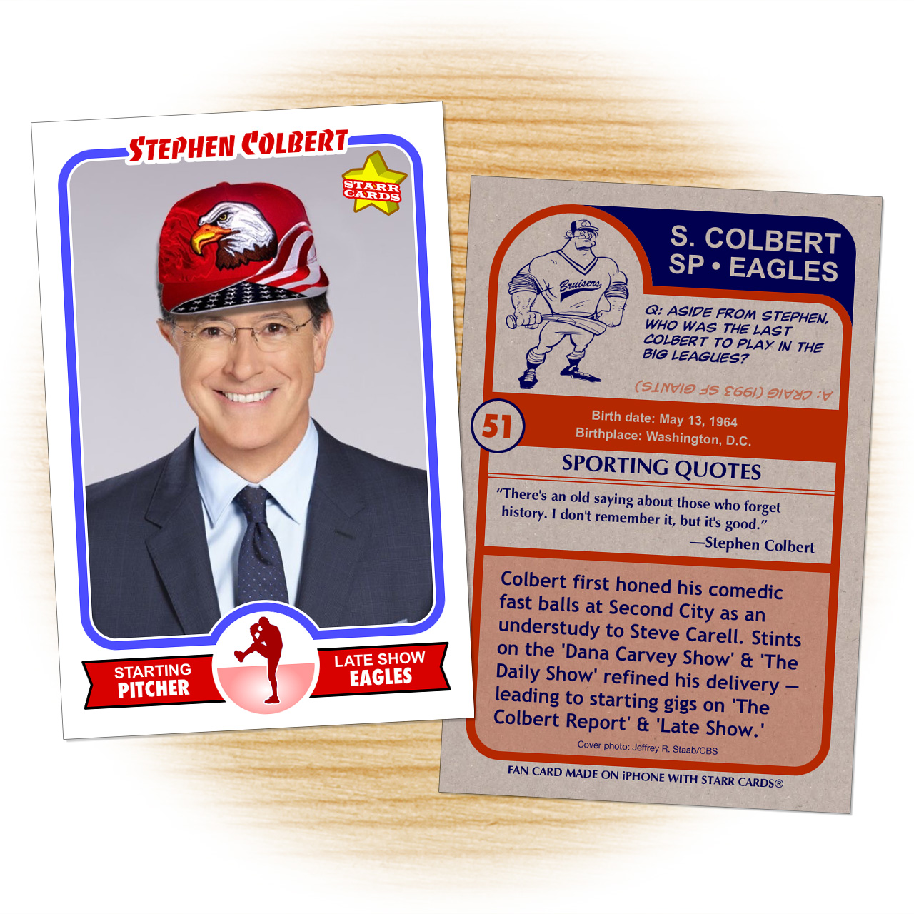 Stephen Colbert baseball card made by Tanya Pierce on the iPhone