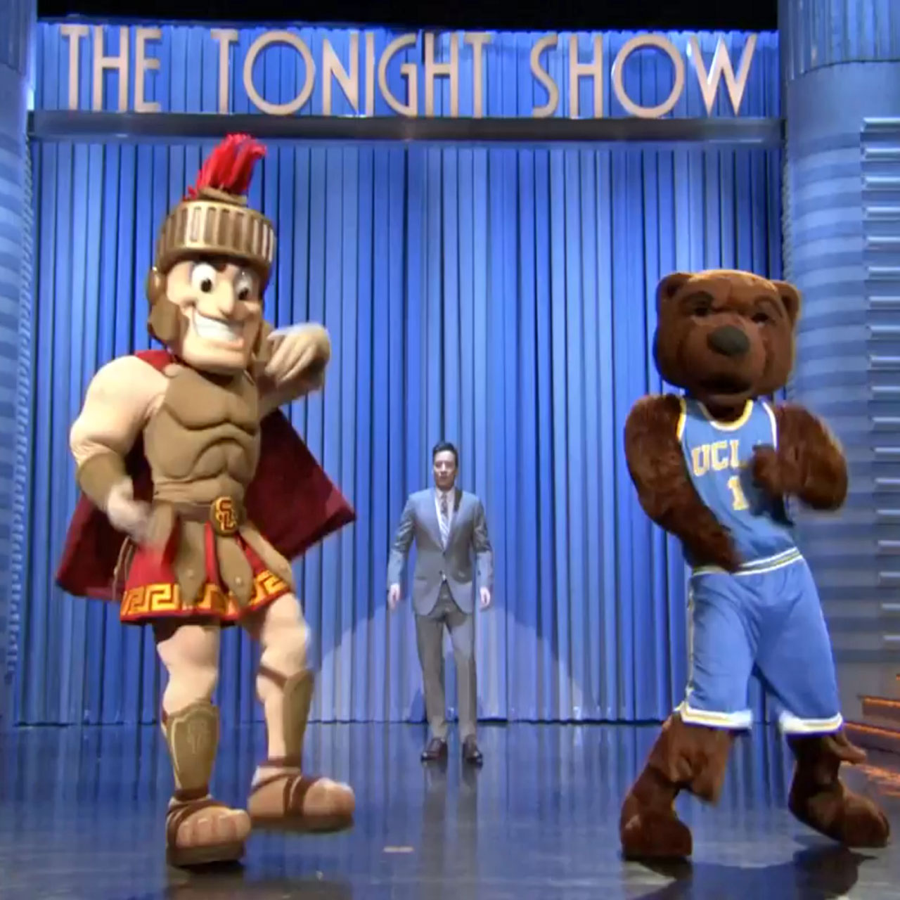 Tonight Show mascot dance-off features Tommy Trojan, Joe Bruin, and Hashtag the Panda