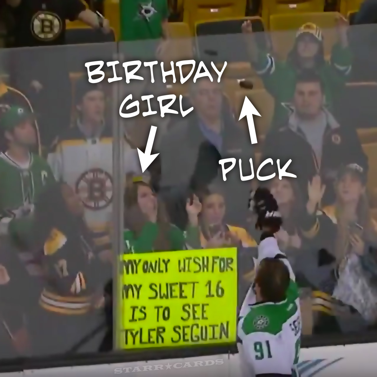Tyler Seguin throws Kathryn a puck on her 16th birthday