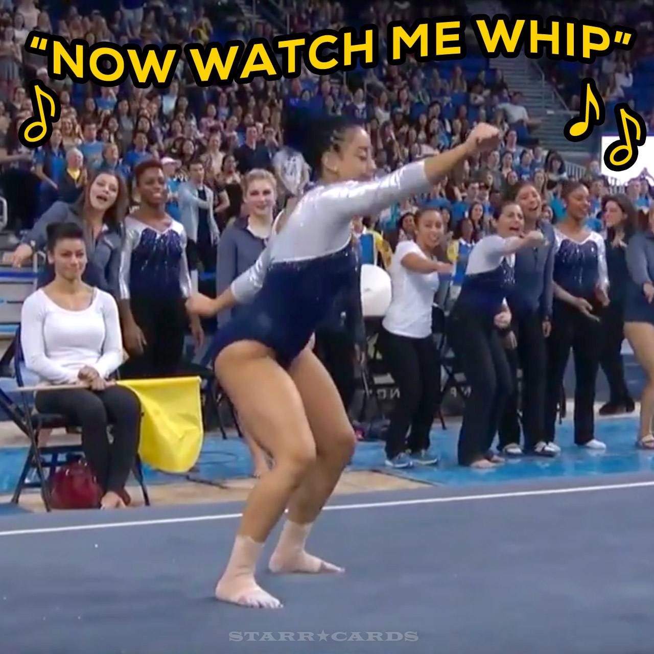 UCLA gymnast Sophina DeJesus slips whip nae nae into her floor exercise
