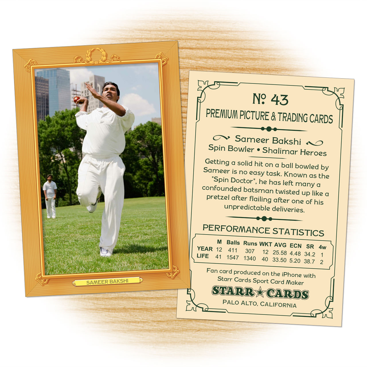 Cricket card template from Starr Cards Cricket Card Maker.