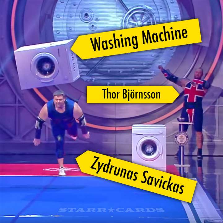 Zydrunas Savickas hurls washing machines Thor Björnsson looks on
